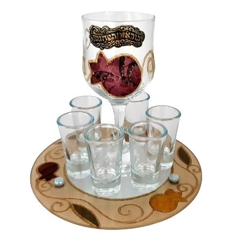 Lily Art - 50712- Kiddush Set Liquer Cups with Round Tray And Kiddush Cup 20x17 c"m Judaica Art Gifts 