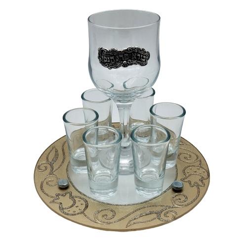 Lily Art - 50715- Kiddush Set Liquer Cups with Round Tray And Kiddush Cup 20x17 c"m Judaica Art Gifts 