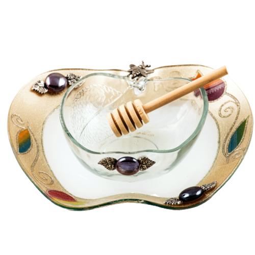 Lily Art - 507581-34-Sale !!!! A flat apple tray with an apple bowl for honey and a spoon Judaica Art Gifts 