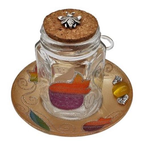 Lily Art - 507596-34-Sale !!! Round honey with lid + Coaster and wooden spoon Judaica Art Gifts 