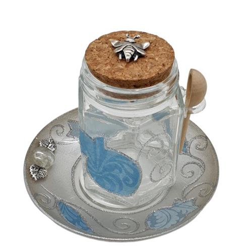 Lily Art - 507596-42-Sale !!! Round honey with lid + Coaster and wooden spoon Judaica Art Gifts 