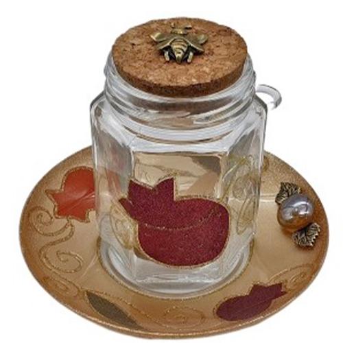 Lily Art - 507596-6-Sale !!! Round honey with lid + Coaster and wooden spoon Judaica Art Gifts 