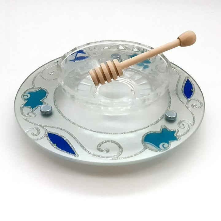 Lily Art - 50778 !! hand made glass honey dish with leg and a spoon Judaica Art Gifts 