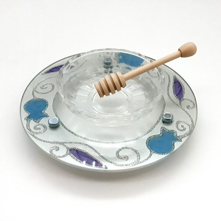 Lily Art - 50779 !! hand made glass honey dish with leg and a spoon Judaica Art Gifts 