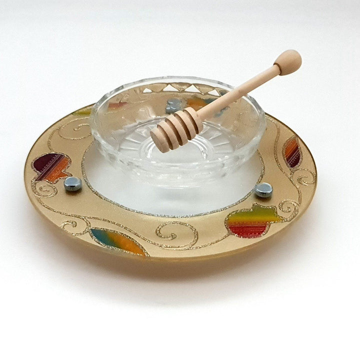 Lily Art - 50780 !! hand made glass honey dish with leg and a spoon Judaica Art Gifts 