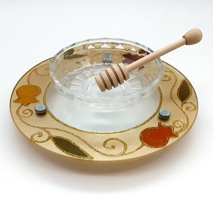 Lily Art - 50781 !! hand made glass honey dish with leg and a spoon Judaica Art Gifts 