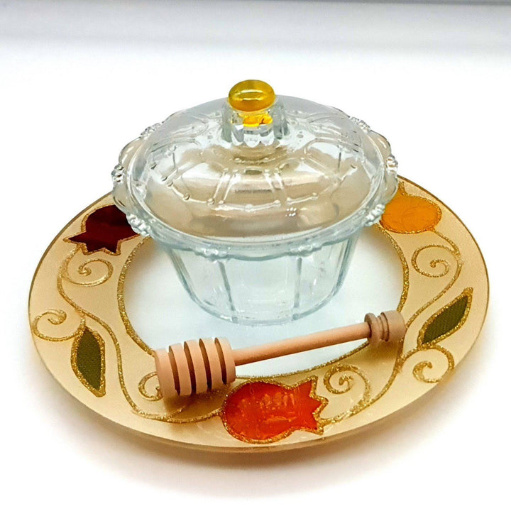Lily Art - 50784 !! hand made glass honey dish with leg and a spoon Judaica Art Gifts 