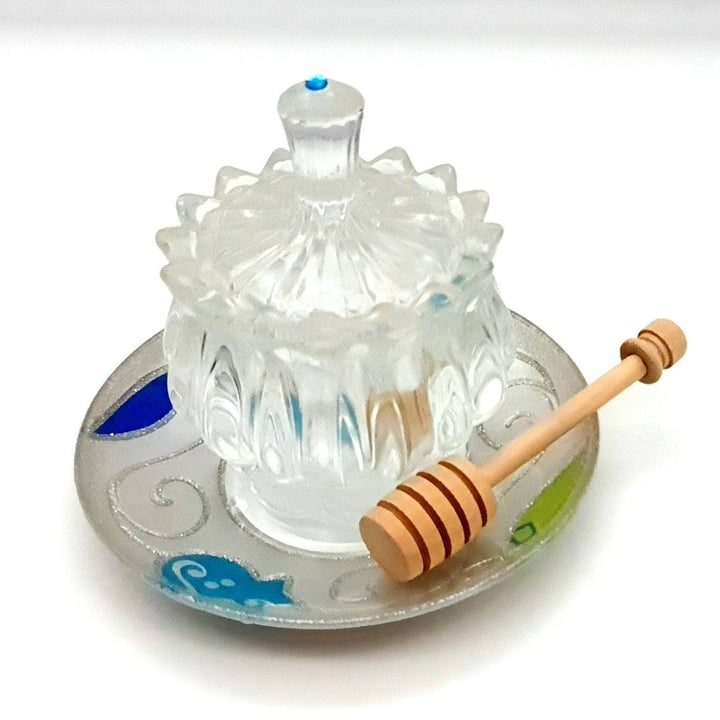Lily Art - 50788-1 !! hand made glass honey dish with leg and a spoon Judaica Art Gifts 