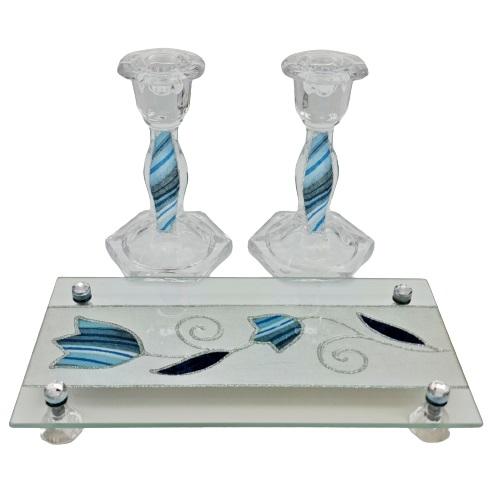 Lily Art - 7900-Medium Blue Crystal Candlesticks Set + Tray Judaica Art Gifts 