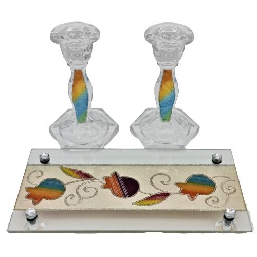 Lily Art - 7901-Medium Crystal Candlesticks Set + Tray 15x25 cm Judaica Art Gifts 