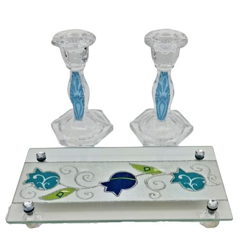 Lily Art - 7902-Medium Crystal Candlesticks Set + Tray 15x25 cm Judaica Art Gifts 