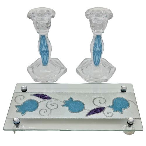 Lily Art - 7903-Medium Crystal Candlesticks Set + Tray 15x25 cm Judaica Art Gifts 