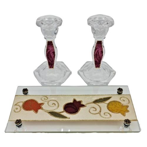 Lily Art - 7904-Medium Crystal Candlesticks Set + Tray 15x25 cm Judaica Art Gifts 