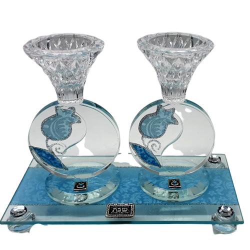 Lily Art - 8020-Round Crystal Candlestick Set 15cm Light Blue Pomegranate Judaica Art Gifts 