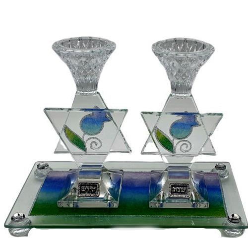 Lily Art - 8030-Star of David Watercolor Candlesticks 16 cm + large tray Judaica Art Gifts 