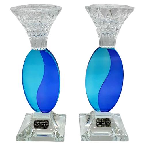 Lily Art - 8037-Crystal Candlestick Oval Light Blue 17 cm Holy Saturday Judaica Art Gifts 