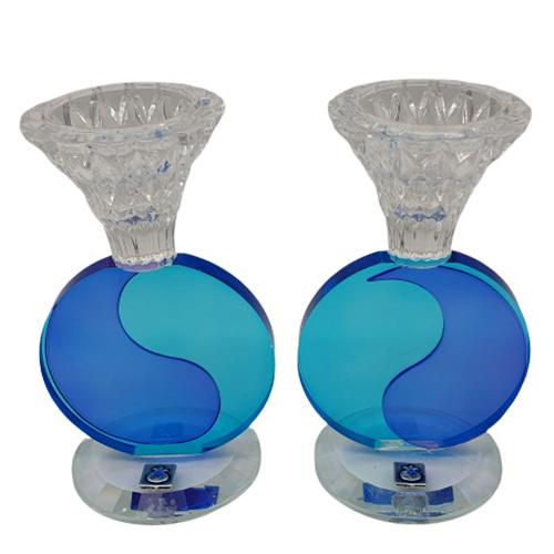 Lily Art - 8038-Pair of Crystal Candlestick 15cm Light Blue Judaica Art Gifts 