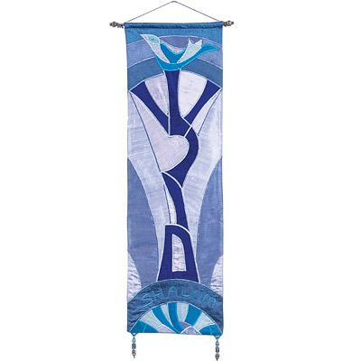 Long Wall Hanging - Shalom Hebrew + English - Blue 