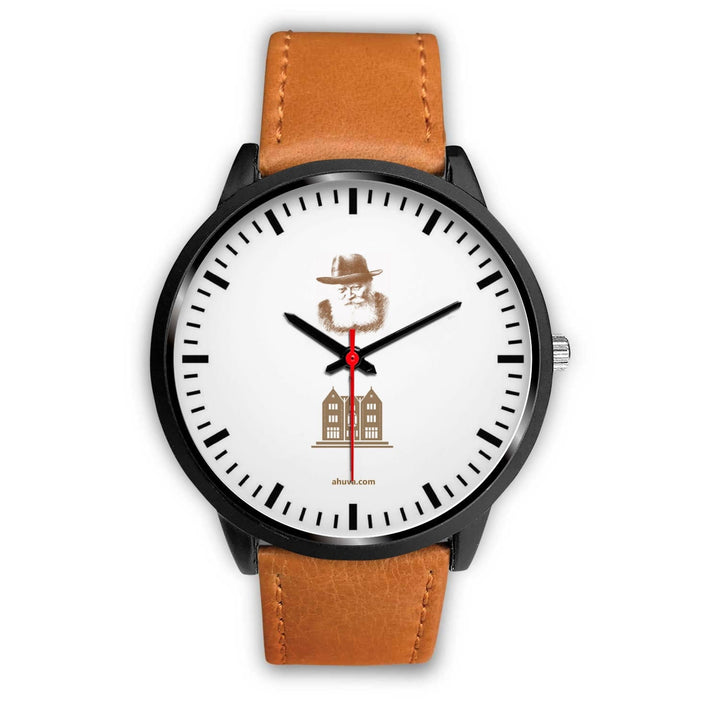 Lubavitcher Rebbe 770 Hebrew Wristwatch Black Black Watch Mens 40mm Brown Leather 