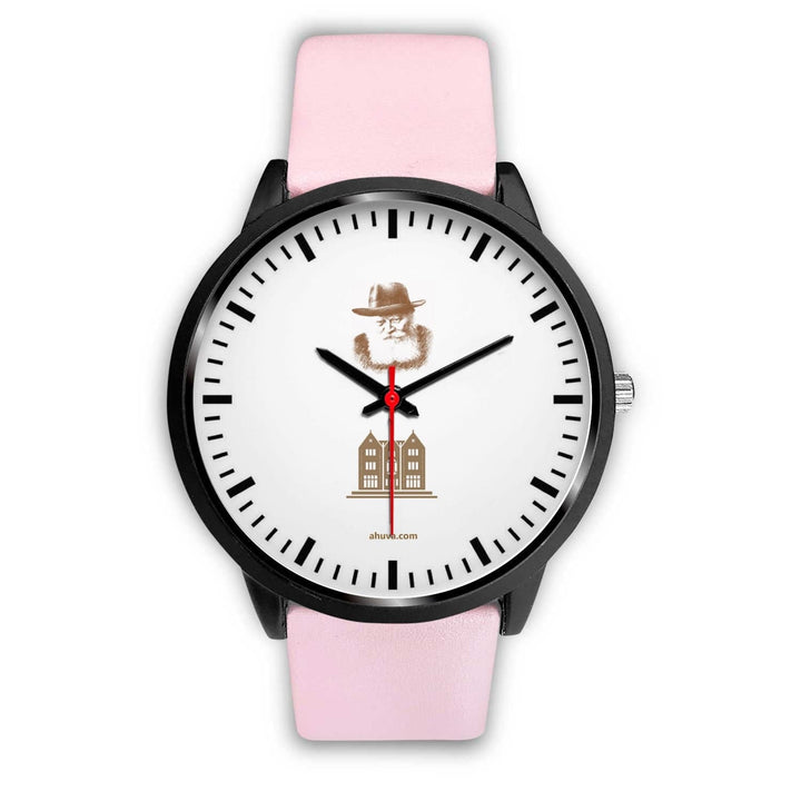 Lubavitcher Rebbe 770 Hebrew Wristwatch Black Black Watch Mens 40mm Pink Leather 