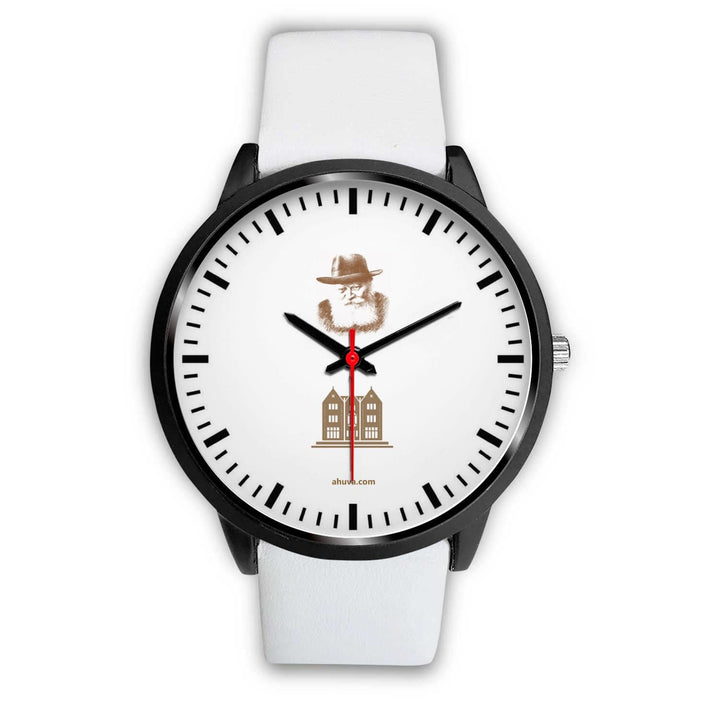 Lubavitcher Rebbe 770 Hebrew Wristwatch Black Black Watch Mens 40mm White Leather 