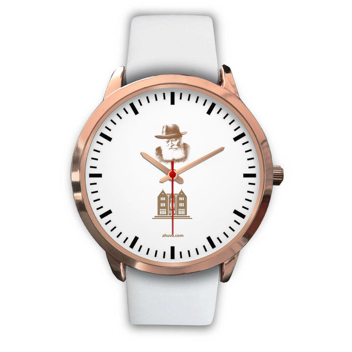 Lubavitcher Rebbe 770 Hebrew Wristwatch Rose Gold Rose Gold Watch Mens 40mm White Leather 
