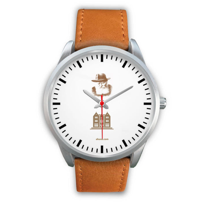 Lubavitcher Rebbe 770 Hebrew Wristwatch Silver Silver Watch Mens 40mm Brown Leather 