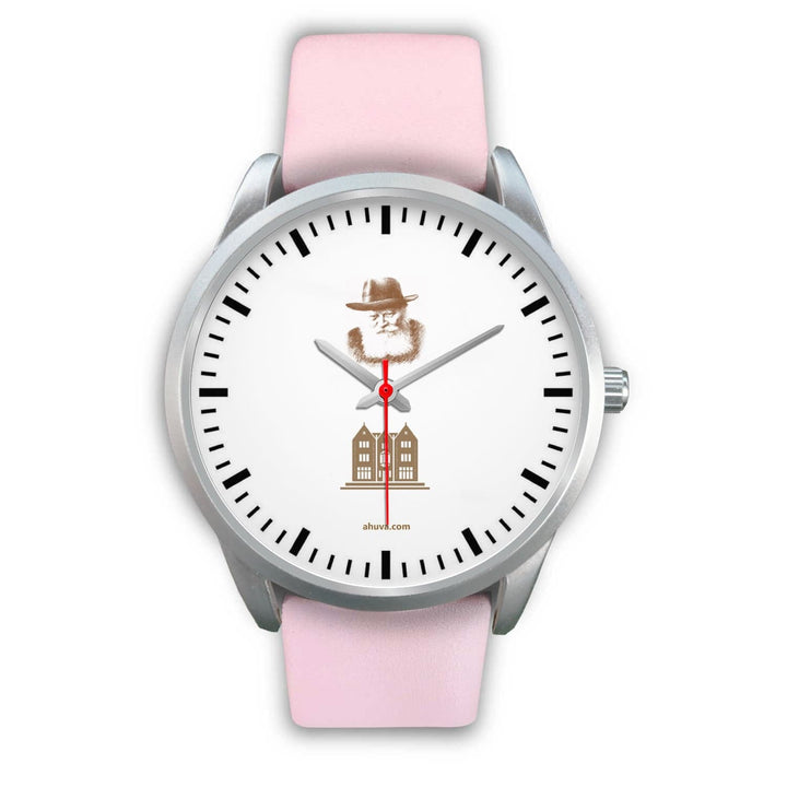 Lubavitcher Rebbe 770 Hebrew Wristwatch Silver Silver Watch Mens 40mm Pink Leather 