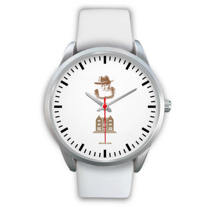 Lubavitcher Rebbe 770 Hebrew Wristwatch Silver Silver Watch Mens 40mm White Leather 