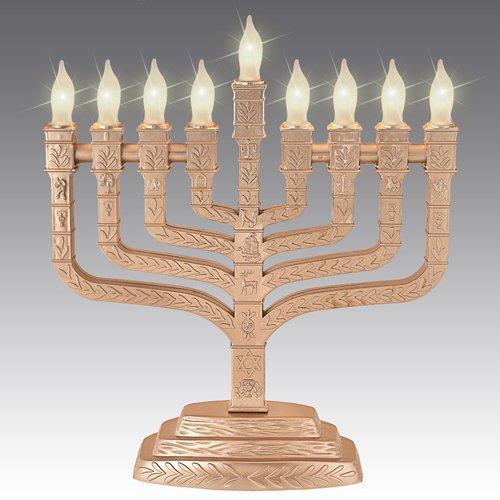 Matte Gold Electric Knesset Style Menorah With The Symbols Of The Twelve Tribes - Frosted Bulbs Menorah, Electric 
