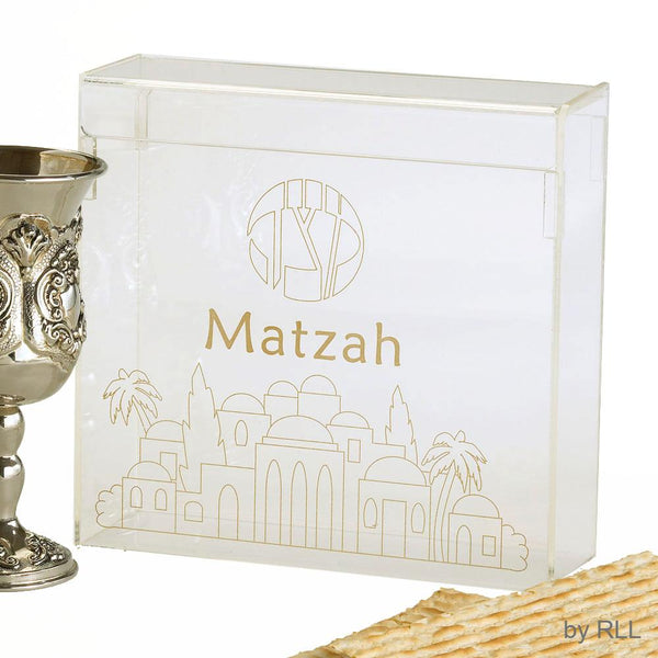 Matzah Box, Clear Acrylic W/ Gold Stamp, Fliptop, 8", Color Box PASSOVER, Pesach 