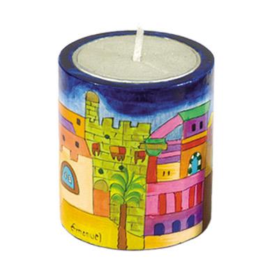 Memorial Candle Holder + Candle - Hand Painted Wood - Jerusalem Religious Items 
