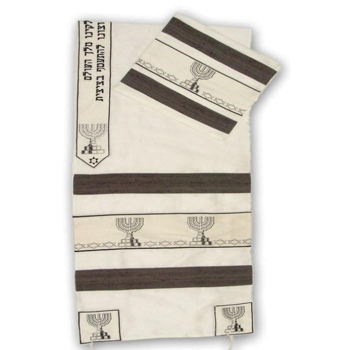 Menorah Jewish Symbolic Silk Tallit Sets Brown 