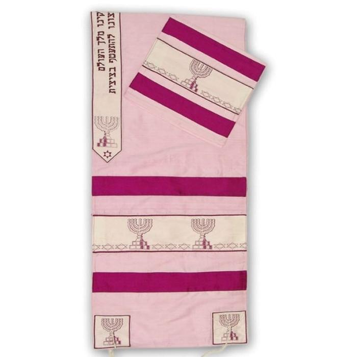 Menorah Jewish Symbolic Silk Tallit Sets Dark Pink 