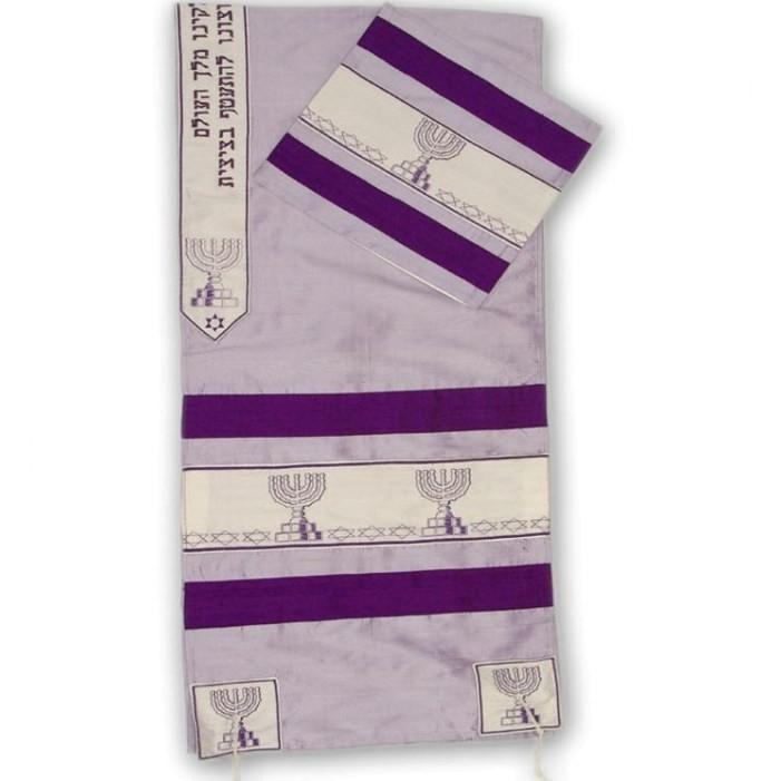 Menorah Jewish Symbolic Silk Tallit Sets Dark Purple 