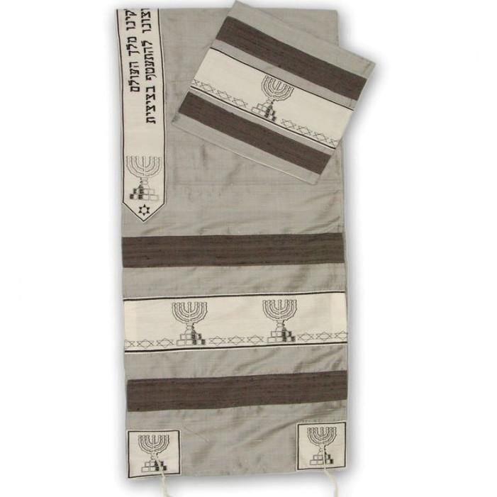Menorah Jewish Symbolic Silk Tallit Sets Gray 