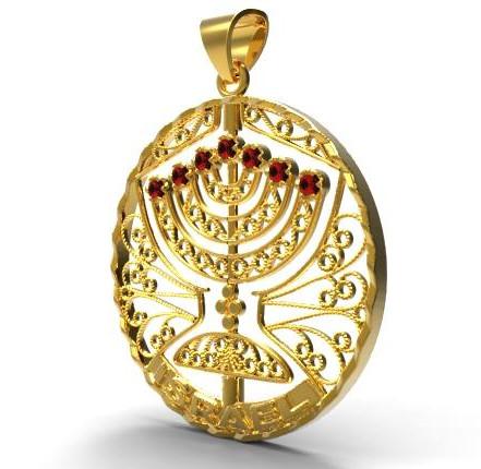 Menorah Pendant Jewish Jewelry Gold, Rubies, Topaz, Spinning 