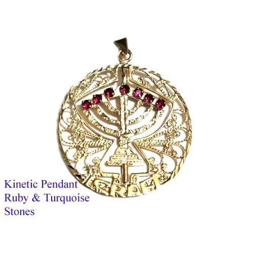 Menorah Pendant Jewish Jewelry Gold, Rubies, Topaz, Spinning 14K Gold Chain 
