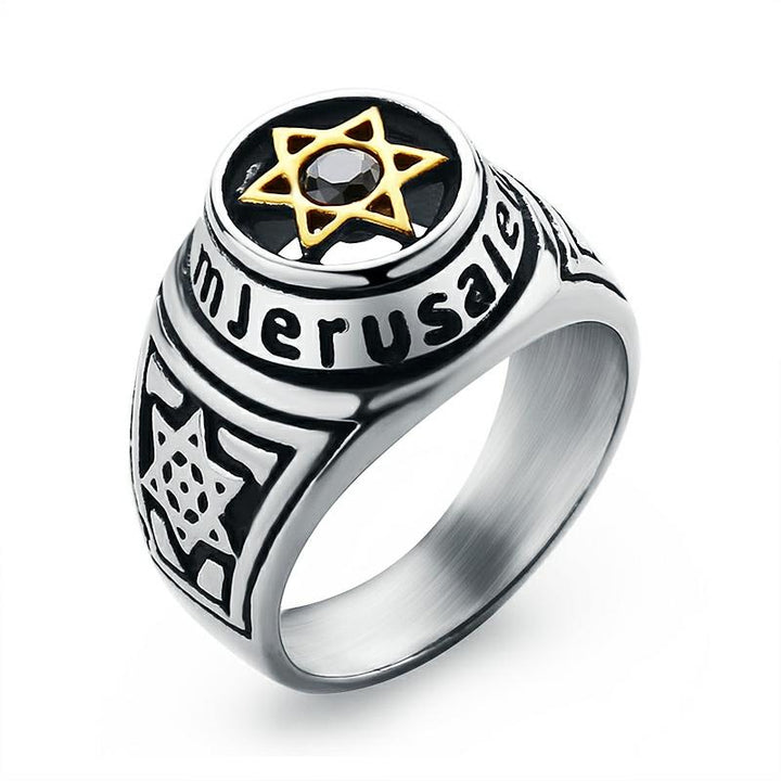 Men's Jerusalem Ring Star of David with Stone Stainless Steel Ring 