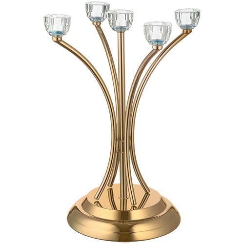 Metal Candlesticks 5 Brenches With Crystal Holders 35 Cm- Golden Finish Candle Holders 