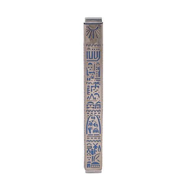 Mezuzah + Full Metal Cutout - Jerusalem - Blue 