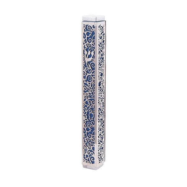 Mezuzah + Full Metal Cutout - Pomegranates - Blue 