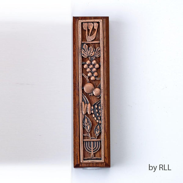 Mezuzah, Mahogany Wood With Metal Design, 5" CEREMONIAL 