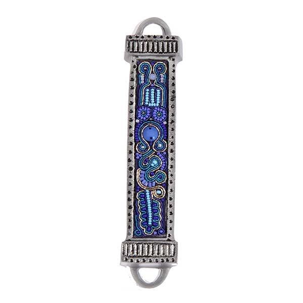 Mezuzah Metal + Embroidery - Blue 