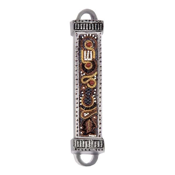 Mezuzah Metal + Embroidery - Brown 