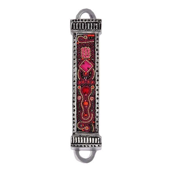 Mezuzah Metal + Embroidery - Red 