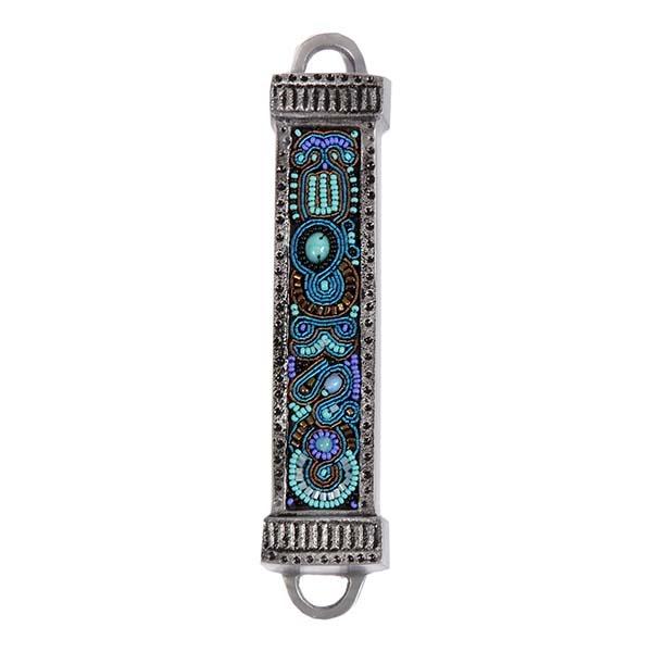 Mezuzah Metal + Embroidery - Turquoise 