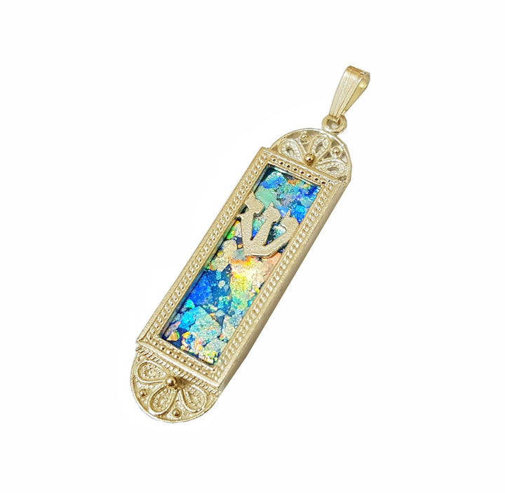 Mezuzah Pendant - Colorful Roman Glass 14 Karat Gold 