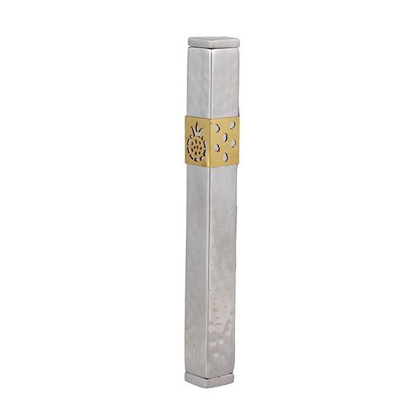 Mezuzah "Shin" Stainless Steel 12 cm - Pomegranates - Hammer Work + Brass 