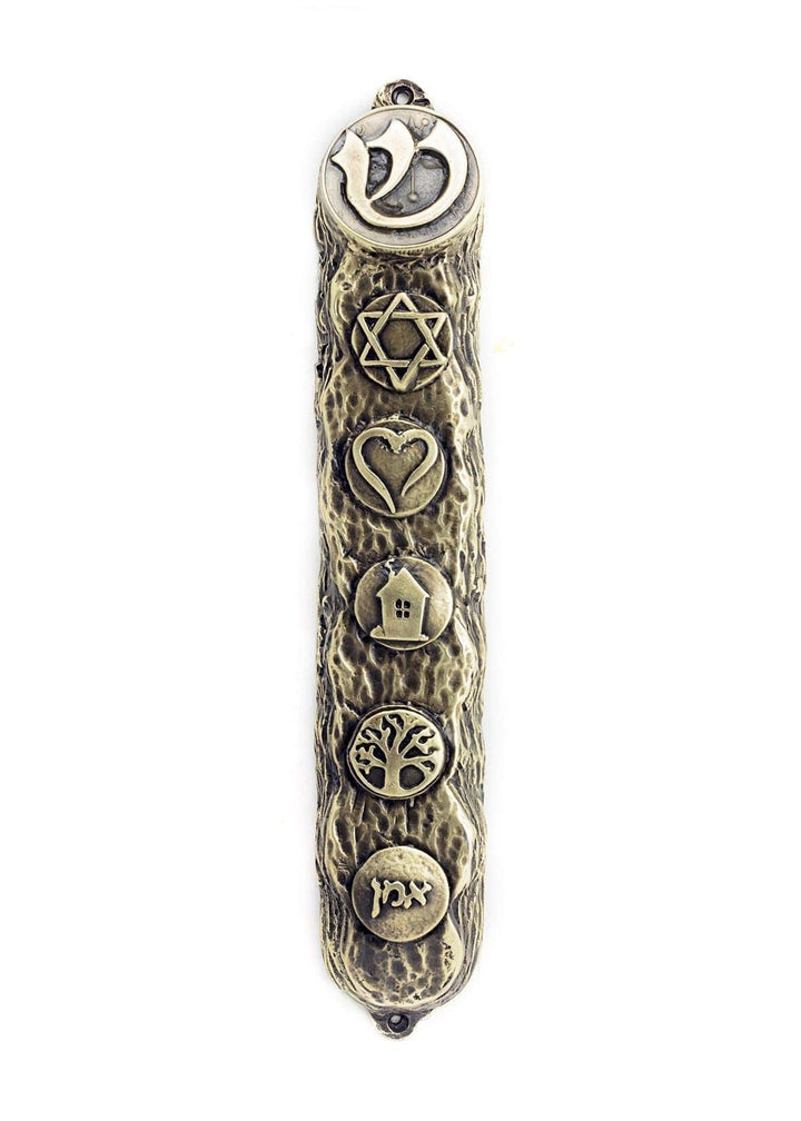 Mezuzah with Bright Symbols & Blessings in Bronze - Big (16cm) 